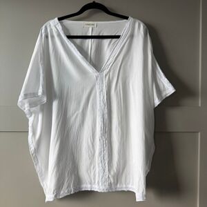 HIMONE Kaftan Blouse Womens One‎ Size White Crochet Lace Trim Boho V Neck Top